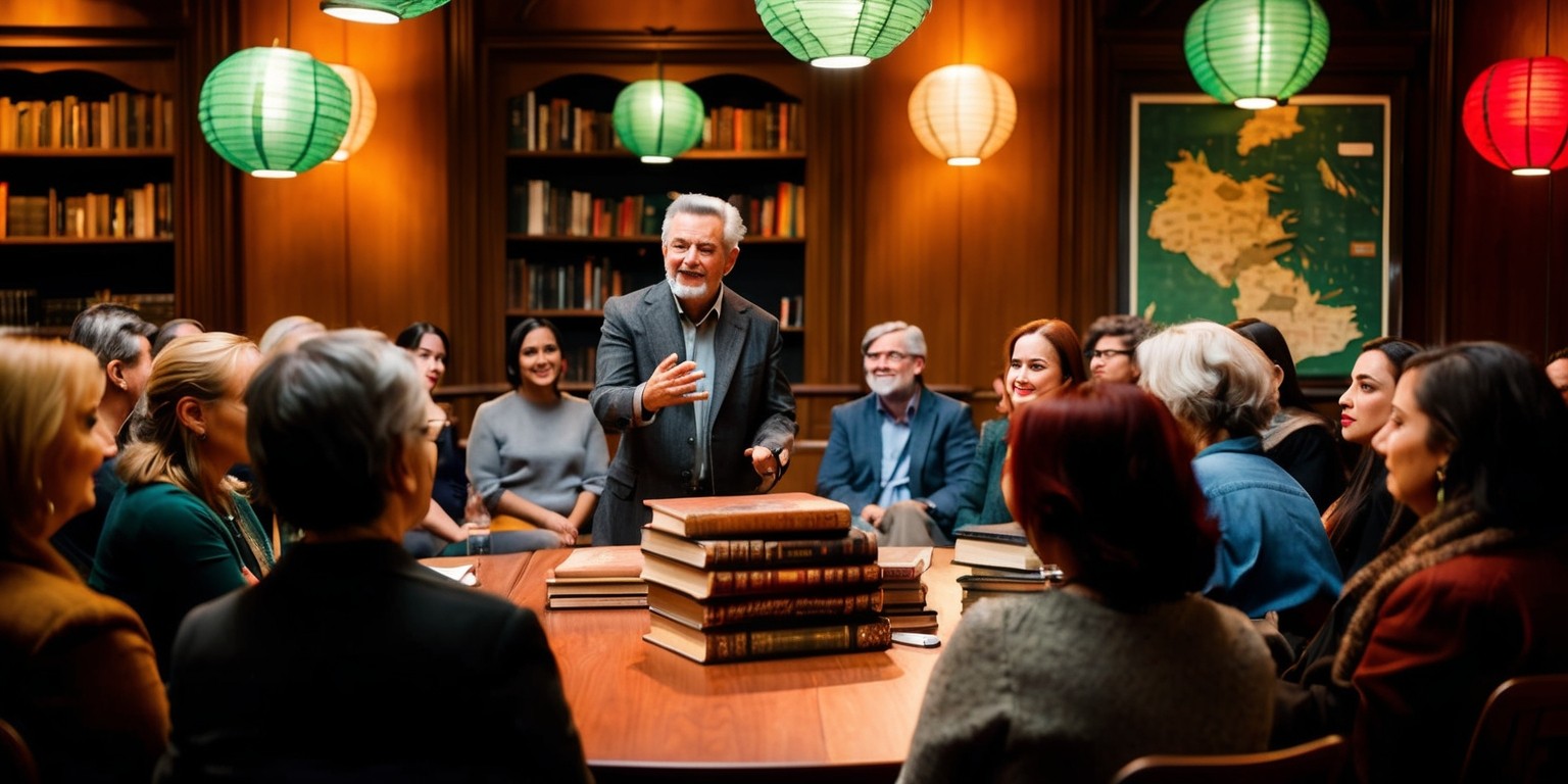 A dimly lit, intimate bookstore with warm wooden shelves and soft golden lighting, hosting a Tolkien Book Promotion event, with a crowd of book lovers gathered around a central table, where a stack of Tolkien's most iconic novels, with worn leather-bound covers and yellowed pages, are on display, surrounded by delicate paper lanterns in shades of emerald green and crimson red, casting a warm glow on the intent faces of the attendees, with varying skin tones, facial features, and hairstyles, all engaged in a lively discussion, as a bespectacled author or moderator, with a kind smile and a sprinkle of grey hair, stands at the head of the table, gesturing animatedly, amidst a backdrop of rich, dark wood paneling, adorned with vintage maps and illustrations inspired by Middle-earth, with hints of misty mountains and ancient forests, evoking a sense of nostalgia and wonder.