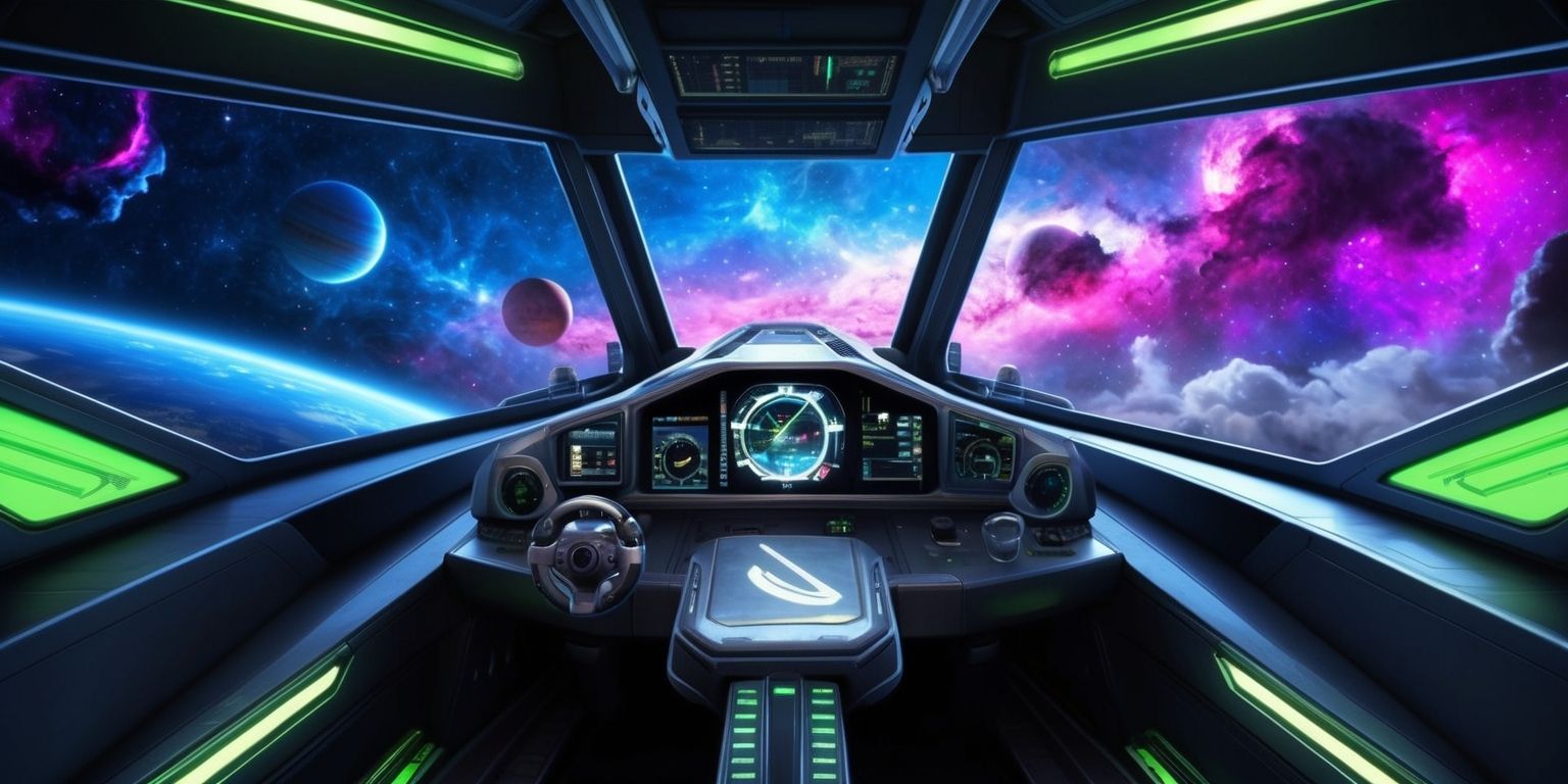 A futuristic immersive simulation adventure game scene with a sleek spaceship cockpit in the foreground, featuring metallic controls and a holographic dashboard, set against a stunning vibrant blue and purple galaxy backdrop with swirling clouds of gas and stars, the color palette is predominantly dark blues and greys with accents of bright neon greens and blues, the cockpit's windows frame a breathtaking vista of distant planets and stars, with a sense of depth and dimensionality, the overall style is highly detailed and realistic with a focus on atmospheric lighting and textures, the game's logo, a stylized silver font with a distinctive curved line, is embossed on the cockpit's central console.