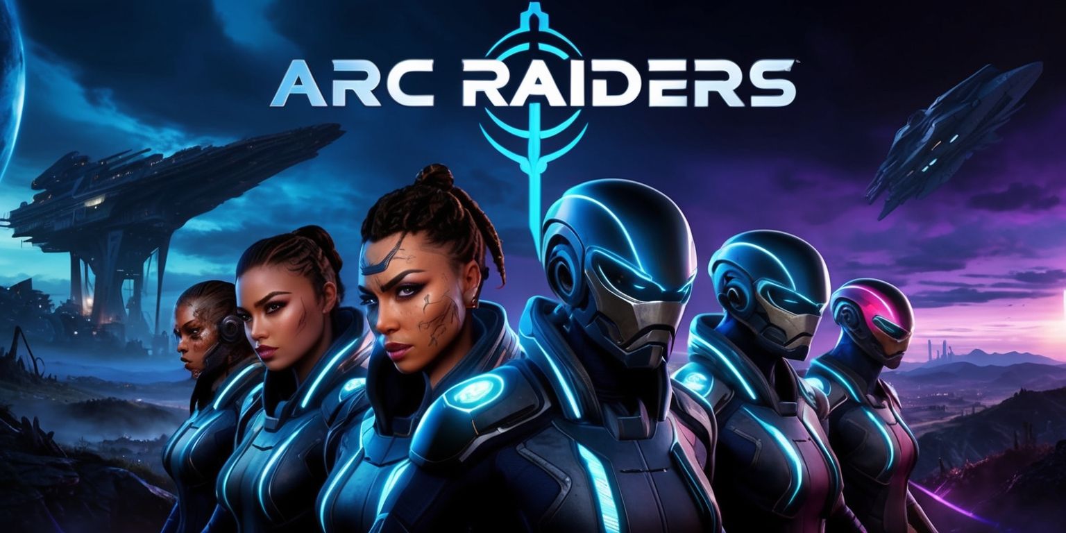 A futuristic sci-fi themed image depicting the key elements of the Arc Raiders game, with a dramatic landscape of a ravaged planet in the background, set against a dark and ominous sky with shades of deep blue and purple, and in the foreground, a group of raiders wearing sleek high-tech exosuits with metallic accents and glowing blue lines, their facial features determined and fierce, with a mix of skin tones and unique attributes such as scars and tattoos, as they prepare to battle against an alien invasion, with a large spaceship looming in the distance, and the game's logo prominently displayed in a bold, metallic font with a silver and blue color scheme.
