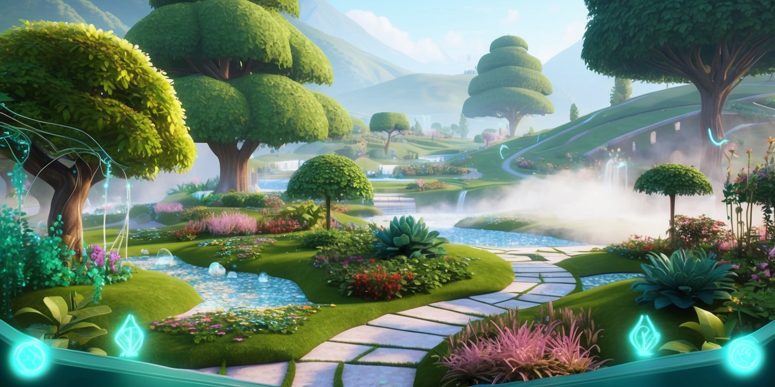 A serene and futuristic virtual garden simulation game, set in a lush, vibrant environment with rolling hills and sparkling water features, where players can nurture and grow their own verdant oasis, surrounded by towering trees, colorful flowers, and delicate vines, with intricate stone pathways and glowing orbs of light that pulse with an ethereal energy, amidst a subtle mist that rises from the ground, with a slight glow of the virtual interface subtly visible in the corners of the frame, featuring a soft, dreamy color palette with shades of emerald green, sapphire blue, and rose gold, and a hint of futuristic, high-tech details, such as holographic plants and glowing runes that add a touch of magic to the scene.