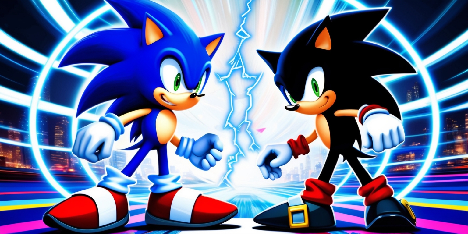 A dynamic digital illustration featuring Sonic the Hedgehog and Shadow the Hedgehog standing back-to-back, poised for action, amidst a vibrant, swirling background inspired by the Sonic X and Shadow the Hedgehog Generations game series. Sonic's iconic blue spikes and red shoes contrast with Shadow's darker, more angular design. His eyes gleam with a hint of rivalry as he gazes out at the viewer. The atmosphere is electric, with crackling blue and white energy bolts arcing through the air. In the distance, a blurred cityscape blends with psychedelic, neon-lit rings, evoking the sense of high-speed adventure and time-traveling excitement found in the games. The illustration style blends bold, comic book-inspired lines with subtle texture and shading, giving the image a sense of depth and dimensionality.