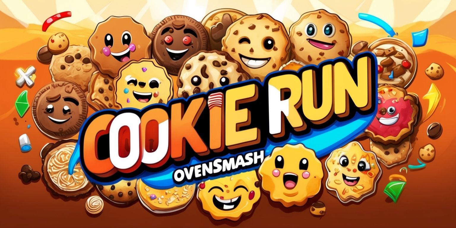 A vibrant and colorful digital illustration of the Cookie Run: OvenSmash game, featuring a variety of cookies with distinct facial expressions, each with unique attributes and designs, set against a warm and inviting background with shades of golden brown and creamy white, with the game's logo prominently displayed in bold, modern font with bright colors, surrounded by lively and dynamic gameplay elements, including obstacles, power-ups, and scoring information, all carefully arranged to create a visually appealing composition that showcases the game's exciting and fast-paced nature.
