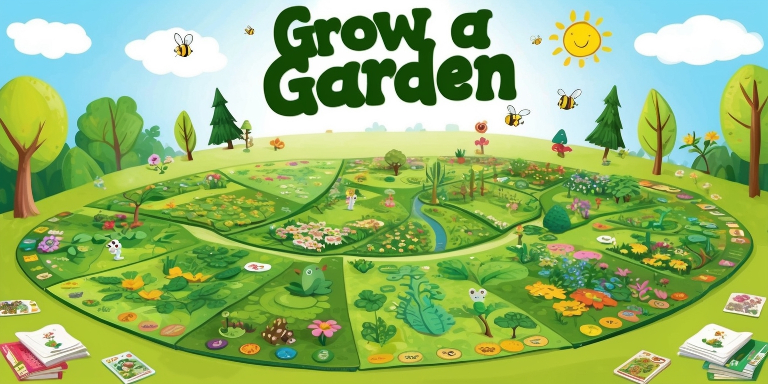 A vibrant and whimsical illustration of a garden-themed board game, titled Grow a Garden, with a large, rolling green landscape as the main game board, featuring various flora and fauna, including blooming flowers, tall trees, and busy bees, with several player tokens and game pieces, such as small gardening tools and cute animal characters, placed throughout the board, and a bright, sunny sky with fluffy white clouds in the background, with the game's title, Grow a Garden, written in bold, curly, green letters, with a small, smiling sun icon above the words, and a few gardening books and seed packets scattered around the edges of the board.