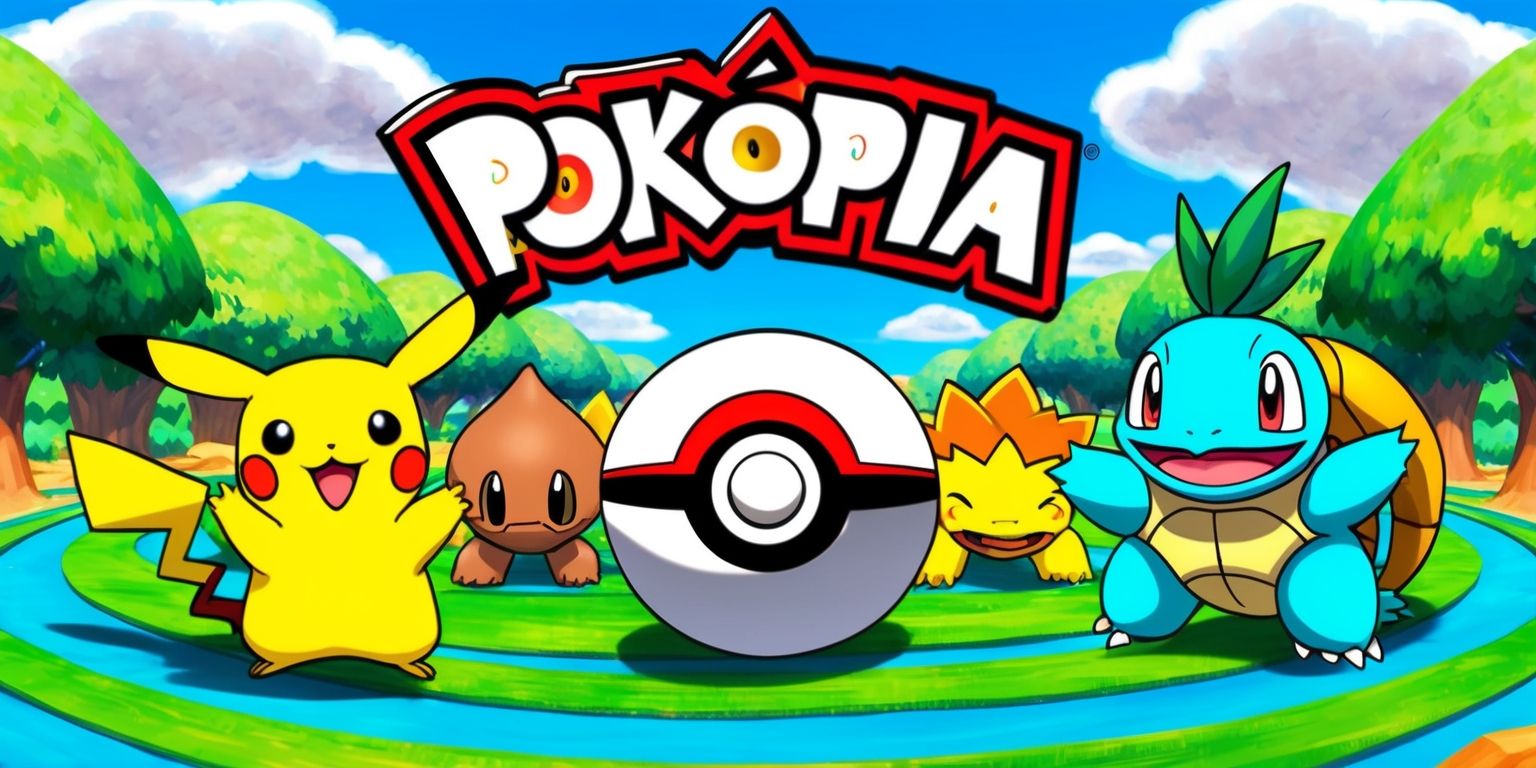 A vibrant and colorful digital artwork depicting the Pokémon Pokopia game, set against a bright blue background with fluffy white clouds, featuring a variety of Pokémon characters with unique facial features and skin tones, including a smiling Pikachu with yellow fur and red cheeks, a brown Bulbasaur with a green plant on its back, and a blue Squirtle with a happy expression, surrounded by lush green trees and winding pathways, with a large Poké Ball in the center, adorned with a bold red and white logo, and a stylized font displaying the game's title Pokopia in a curved line above the scene, with a mix of realistic and cartoonish elements, blending fantasy and adventure, and a sense of excitement and joy, with bold lines, intricate details, and a dynamic composition.