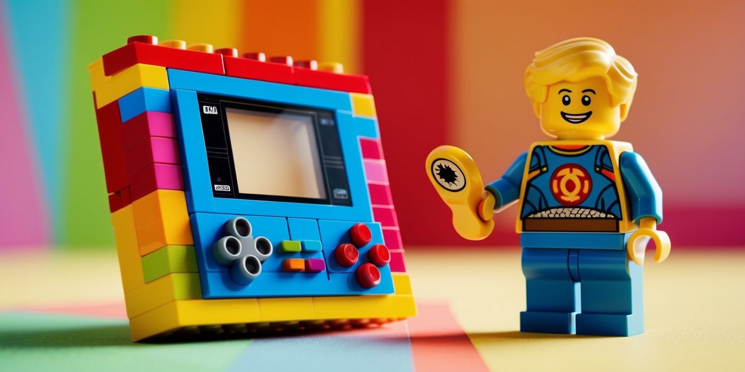 A detailed depiction of a Lego retro handheld console set, featuring a miniature console made of colorful interlocking Lego bricks, with a small screen, directional pad, and buttons, alongside a Lego figurine holding the console, set against a bright and vibrant background with a mix of primary colors, the console itself having a nostalgic aesthetic with a slight retro fade effect, and the Lego bricks showcasing a high level of texture and detail, with the overall image having a playful and whimsical atmosphere, and the lighting is soft and warm, highlighting the intricate details of the Lego bricks and the console.