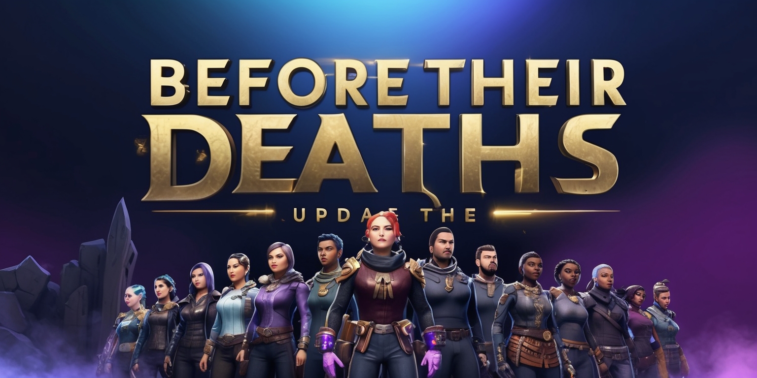 A digital artwork depicting a scene related to the Before Their Deaths game update, with a dark and mystical atmosphere, set against a gradient blue and purple background, featuring bold, golden fonts with the game title and update text prominently displayed in a modern, sleek style, with possible hints of a fantasy or sci-fi world, including subtle, glowing accents and detailed, realistic textures, and in the foreground, a group of characters or avatars with determined expressions, unique clothing and accessories, and diverse skin tones, standing together, ready for action, with a sense of anticipation and urgency, as the update brings new challenges and opportunities to the game world.