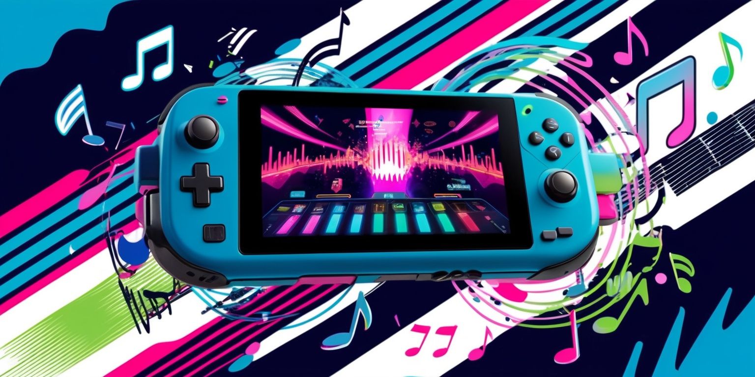 A vibrant and dynamic visual representation of a Rhythm Adventure game, featuring a modern and nostalgic design blend, with a focal point on a handheld gaming device, surrounded by swirling patterns of sound waves, musical notes, and rhythmic shapes, set against a bold and contrasting background of deep blues and bright whites, with accents of neon pink and green, the overall aesthetic is playful, energetic and immersive, with crisp lines, sharp textures, and a sense of movement and energy, the device itself is rendered in a sleek and futuristic style, with glowing buttons and a high-resolution screen displaying a fast-paced rhythm-based gameplay scene, the color palette is rich and vivid, with a focus on conveying the excitement and challenge of the game.
