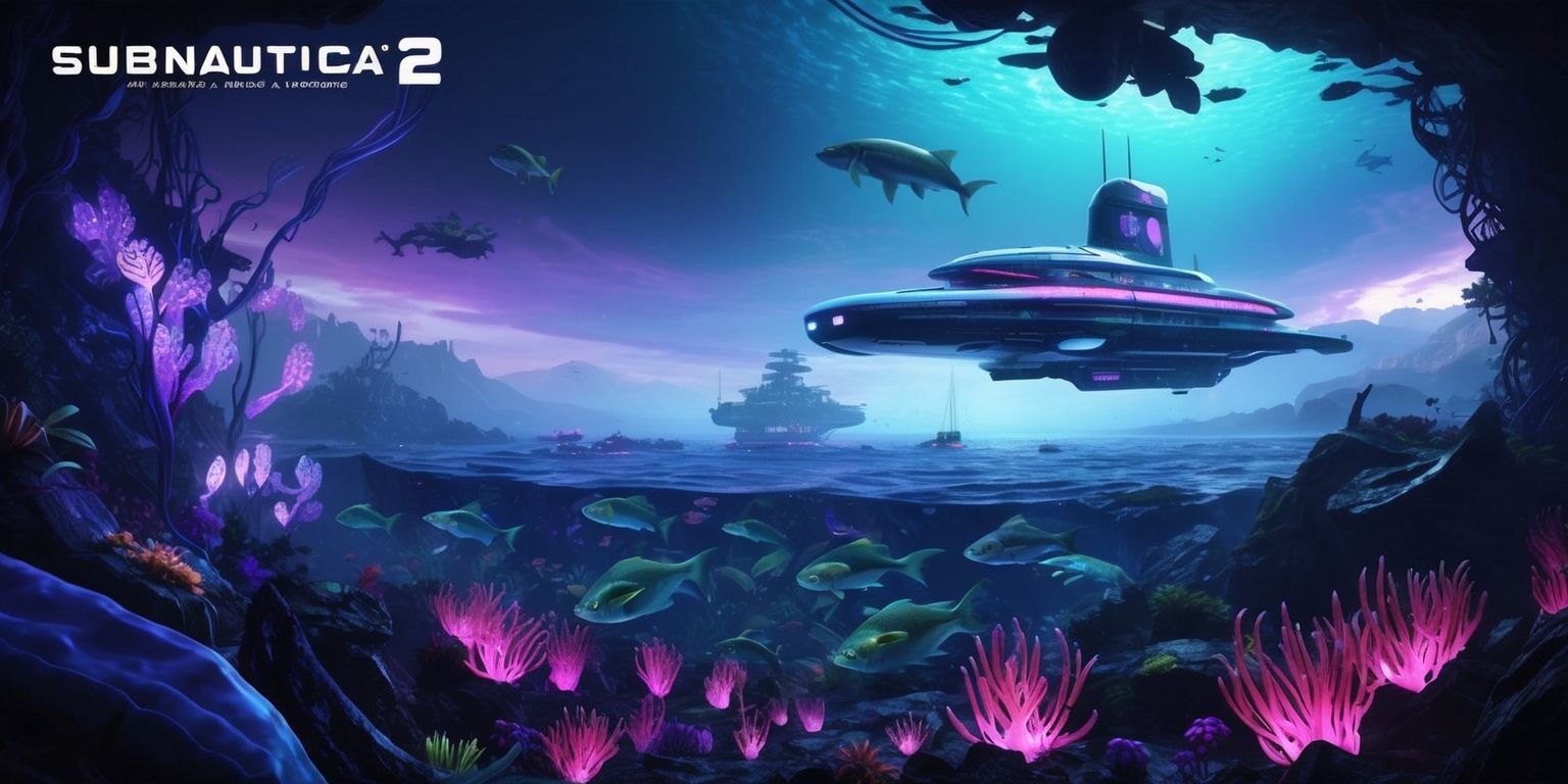 A futuristic underwater scene from Subnautica 2 game with a vast oceanic landscape, featuring an array of alien sea creatures and underwater flora, set against a backdrop of eerie blue and purple hues, with the soft glow of luminescent plants and a distant underwater base, incorporating sleek and vibrant architecture, with a Cyclops submarine in the distance, surrounded by schools of Stalkers and a few Reaper Leviathans lurking in the shadows, the image is rendered in a stylized video game art style with intricate details and textures, with a sense of depth and atmosphere, capturing the essence of exploration and discovery in an alien underwater world.