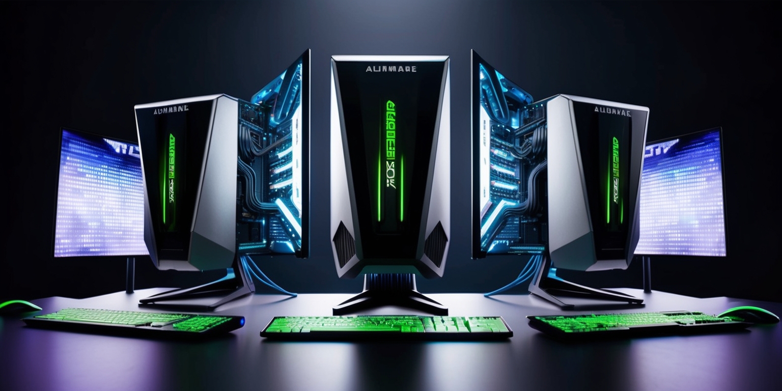 A sleek, futuristic desk setup featuring a trio of high-performance Alienware gaming PCs, each proudly showcasing the cutting-edge Nvidia GeForce RTX 50-Series graphics cards, with their angular, metallic designs and vibrant green accents, illuminated by soft, pulsing LED lights that highlight the intricacies of the components, set against a dark, ominous background that accentuates the machines' aggressive, gaming-centric aesthetic, with tiny, crisp cables and wires neatly organized to create a sense of precision and sophistication, and subtle, gradient-like reflections on the monitor screens, which display a mesmerizing array of pixel-perfect, 4K-resolution graphics, with hints of blue and purple hues that add a touch of sci-fi flair to the overall composition.