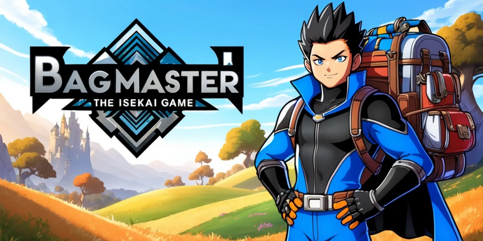 A vibrant and detailed illustration of BagMaster, the main character from the Isekai game, standing heroically with a confident expression, wearing a sleek black and blue costume, complete with a unique backpack full of adventurous gear, set against a stunning fantasy landscape with rolling hills, towering trees, and a clear blue sky, with the game's logo, a stylized font with bold silver letters, embedded in the top left corner of the image, and the background fading into a subtle gradient of warm colors, with the overall style inspired by Japanese anime and manga, and the character's facial features defined by sharp lines, bright blue eyes, and short spiky hair.