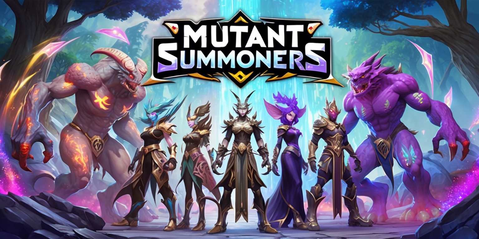A fantasy-themed digital artwork depicting a scene from the Mutant Summoners game, with a vibrant color palette and dynamic composition, featuring a group of mutant creatures with unique physical attributes, such as iridescent scales, glowing markings, and oversized limbs, standing alongside their summoners, who are dressed in elaborate costumes with intricate details, set against a backdrop of a mystical realm with towering trees, glowing runes, and shimmering aura, with the game's logo prominently displayed in a bold, futuristic font with metallic accents, and the overall style inspired by Japanese anime and Western fantasy art, with bold lines, textures, and shading, and a sense of energy and movement, as if the scene is about to unfold into an epic battle.