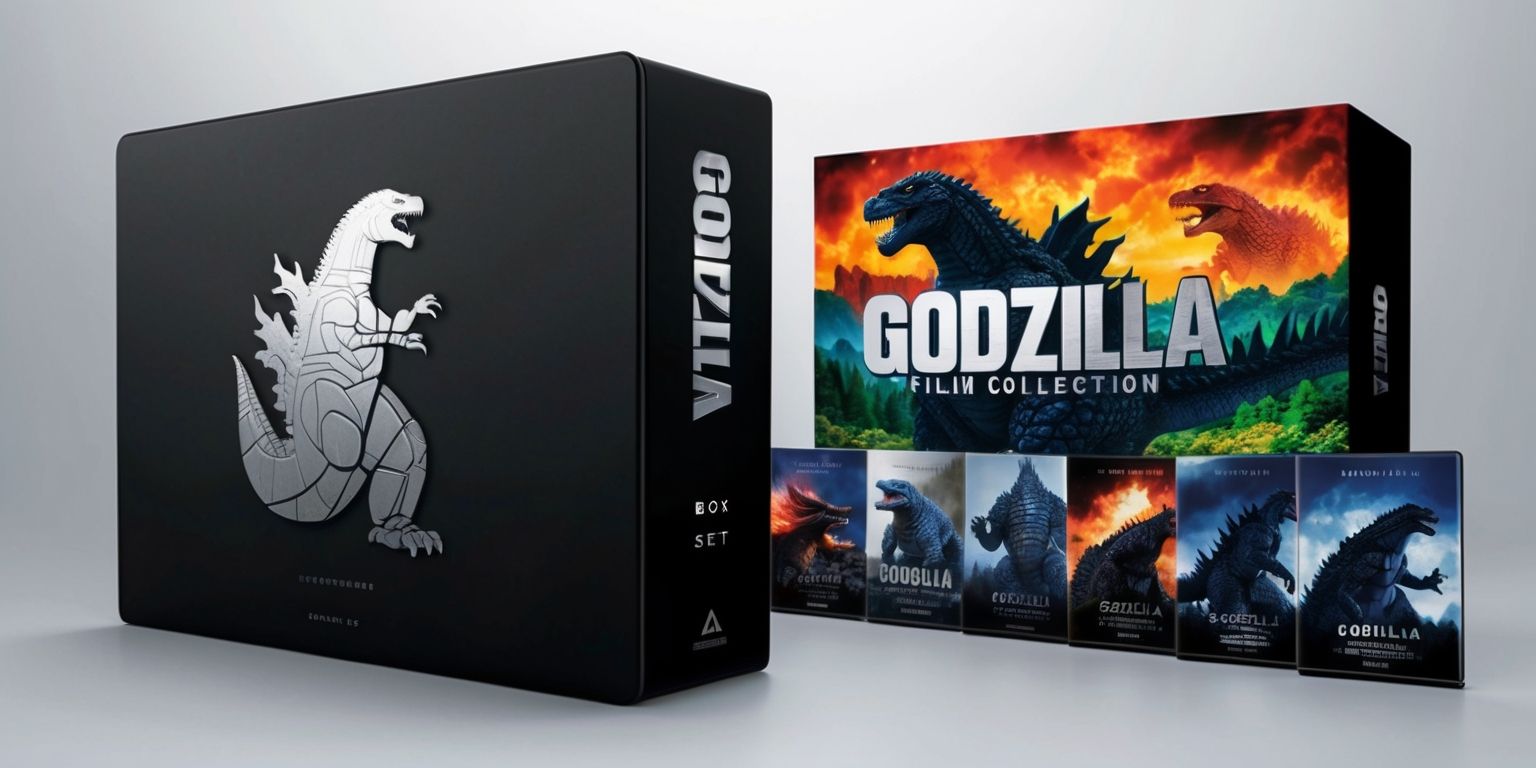 A deluxe Godzilla film collection box set with a sleek, matte-black finish, adorned with a large, silver, metallic Godzilla logo on the front, and a beautifully designed, colorful mural depicting iconic scenes from the franchise on the back, featuring a mix of fiery oranges, deep blues, and lush greens, the box set includes a curated anthology of restored, high-definition films from the Showa, Heisei, and Reiwa eras, presented in a sturdy, collectors-edition box with a magnetic closure, accompanied by bonus collectible materials such as hardcover booklets, archival interviews, and special edition releases, all meticulously packaged to offer a cinematic journey through the evolution of the franchise, perfect for both longtime fans and newcomers to immerse themselves in the world of Godzilla.