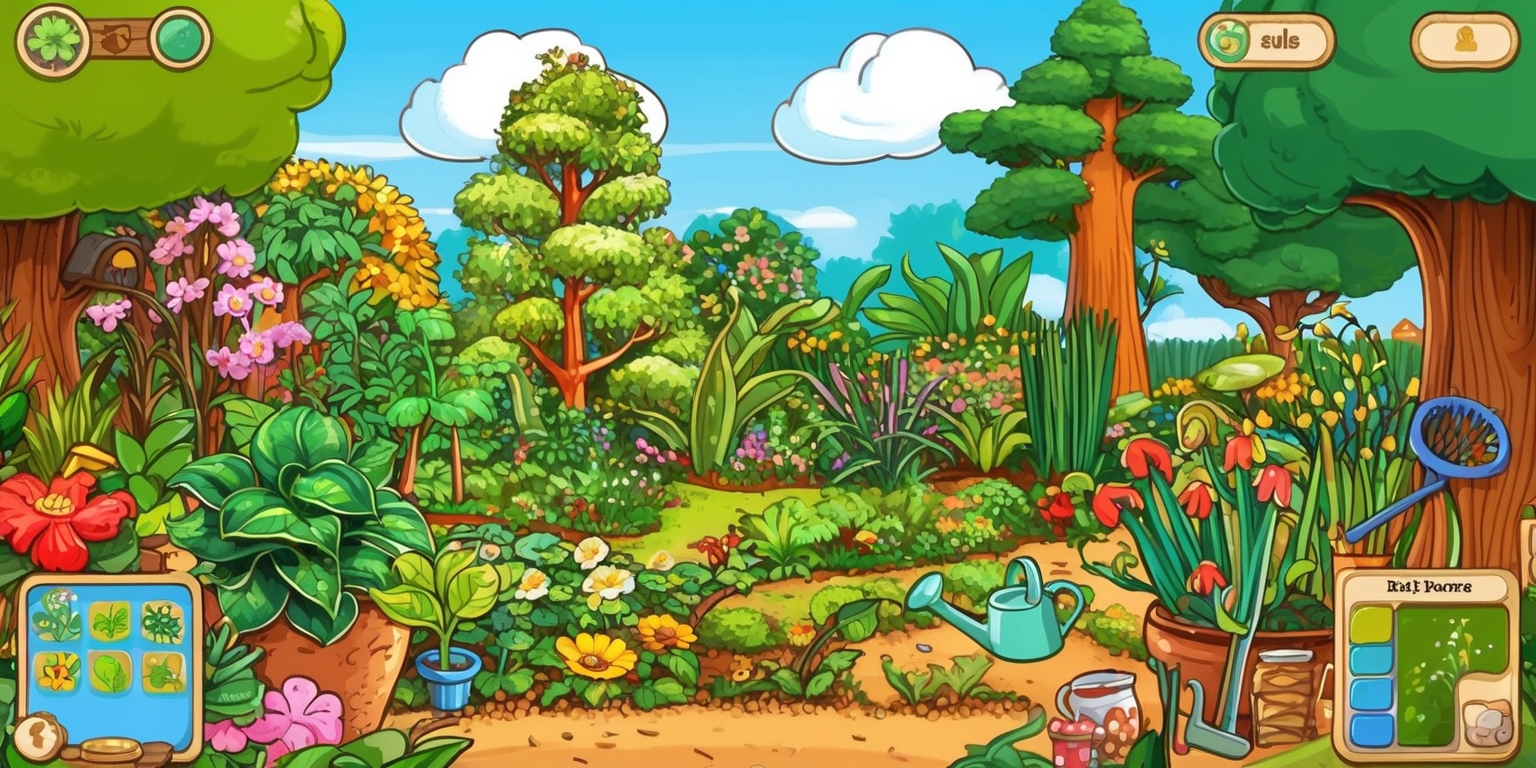 A vibrant and colorful illustration of a whimsical garden scene for the Grow a Garden game, featuring a variety of lush green plants, blooming flowers, and towering trees, with a clear blue sky and fluffy white clouds in the background, and a few garden tools and accessories scattered throughout the scene, including a watering can, a rake, and a garden hose, with a few hidden game elements such as a scoreboard, a menu, and a player character, all showcased in a beautiful and intricate digital art style with bold lines, soft textures, and warm colors, and set against a natural and earthy tone, inviting players to grow and nurture their own virtual garden.