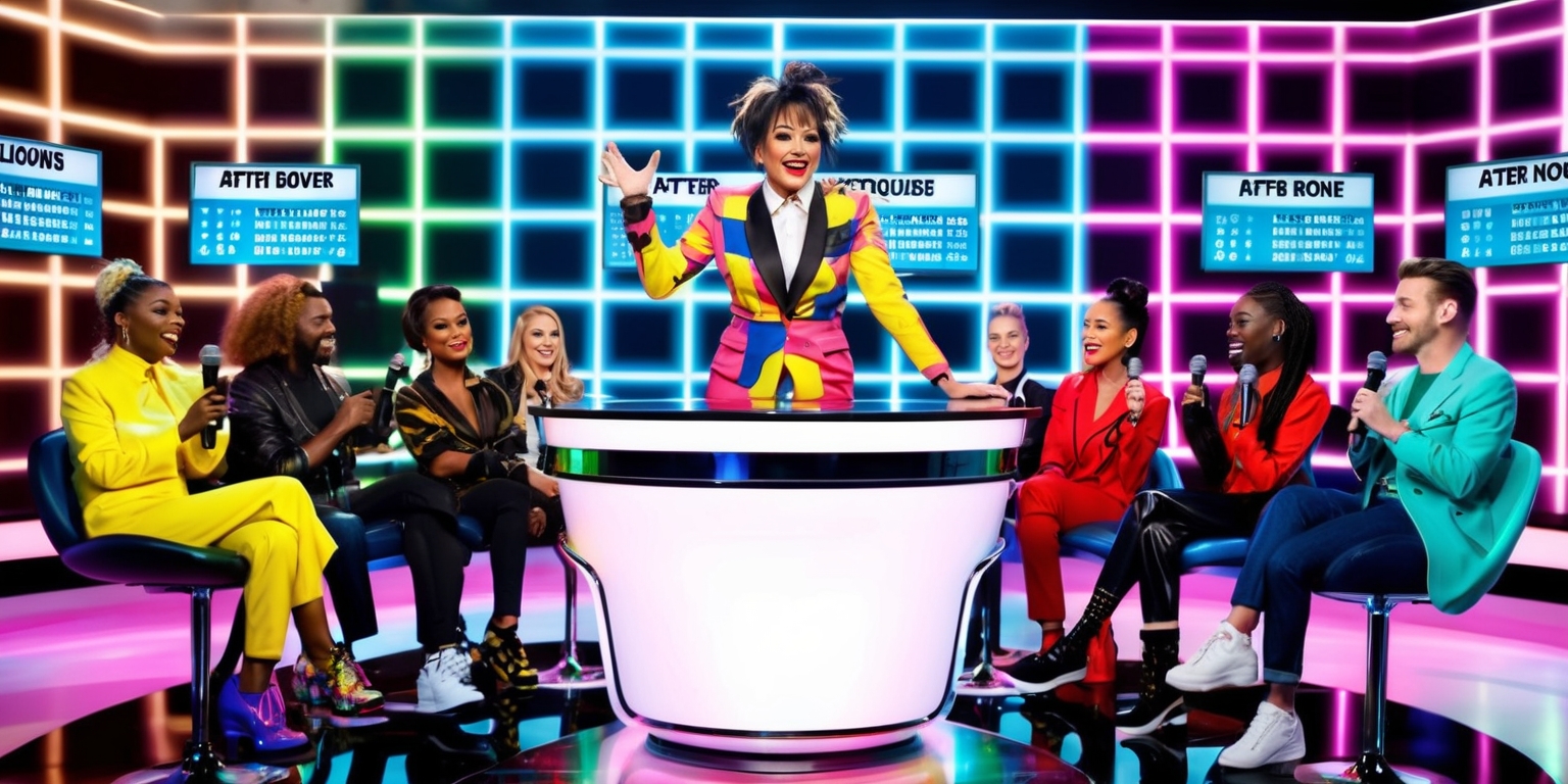 A retro-style TV set with a neon-lit, multicolored grid background, reminiscent of the iconic MTV aesthetic, hosts a lively After Hours trivia segment, where a charismatic host with a big smile, sporting a stylishly messy hairdo and bold, colorful attire, stands confidently in front of a sleek, futuristic podium, surrounded by flashing lights and LED screens displaying trivia questions and scores, as a diverse group of contestants with unique facial features, varying skin tones, and trendy outfits sit attentively, holding microphones, and exchanging excited glances, amidst a haze of fog and strobe lights, evoking the electric atmosphere of a late-night game show.