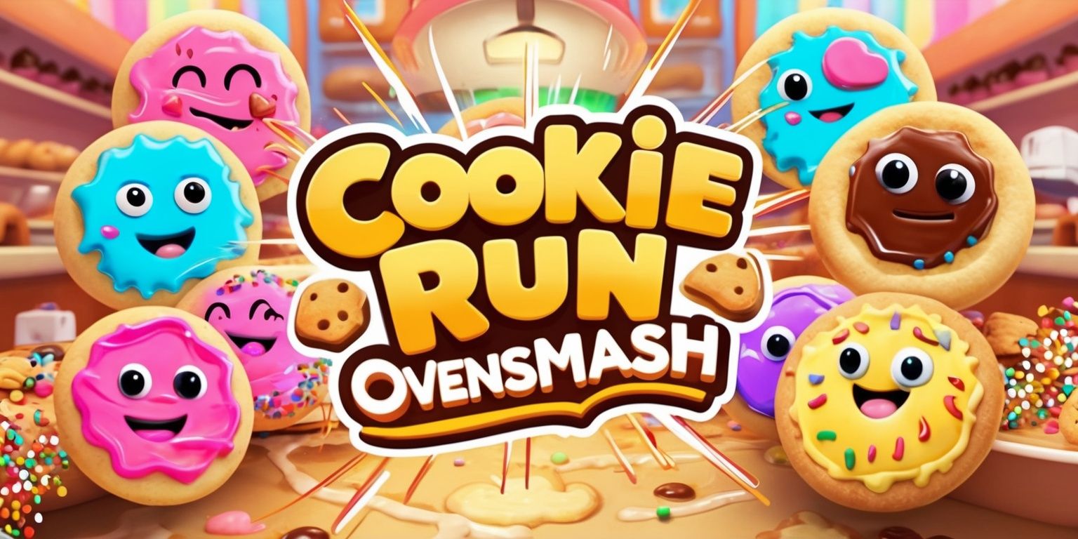 A vibrant digital illustration of the Cookie Run: OvenSmash game, featuring a variety of colorful cookies with distinct facial expressions and accessories, set against a warm and inviting background that resembles a bustling bakery, with a mix of bright pastel colors and rich textures, and a prominent display of the game's logo in bold, playful font with a golden color scheme, surrounded by decorative elements such as swirling patterns of frosting and sprinkles, with a focus on dynamic composition and energetic lines that convey the excitement and chaos of the game.