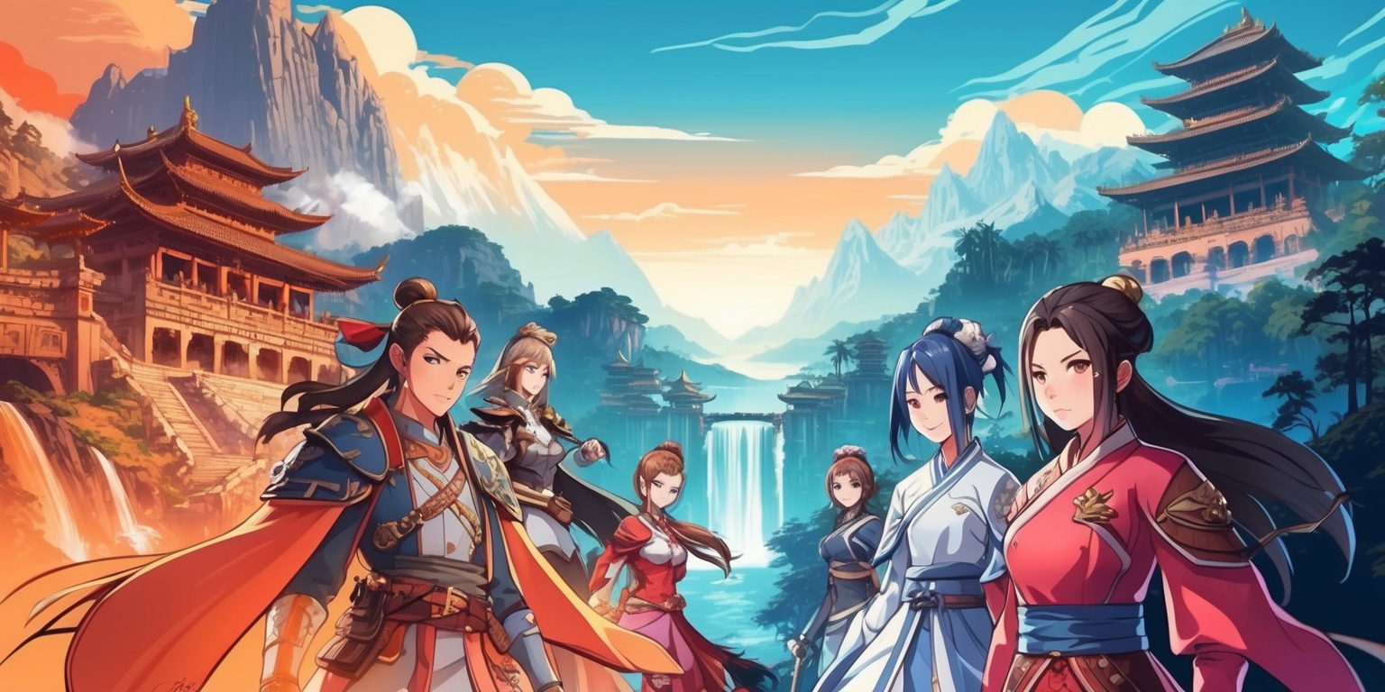 A stunning, vibrant illustration of the fictional world from the popular action role-playing game Genshin Impact, showcasing a breathtaking landscape with towering mountains, lush forests, and serene waterfalls, set against a warm orange and blue ombre sky, with intricate architectural details and majestic structures inspired by ancient Asian cultures, featuring a group of characters from the game, including the Traveler, Amber, Kaeya, and Lisa, each with their unique facial features, hairstyles, and attire, with subtle glow effects and delicate texture details, rendered in a mix of traditional and digital media, with bold lines, delicate patterns, and a sense of wonder and adventure.