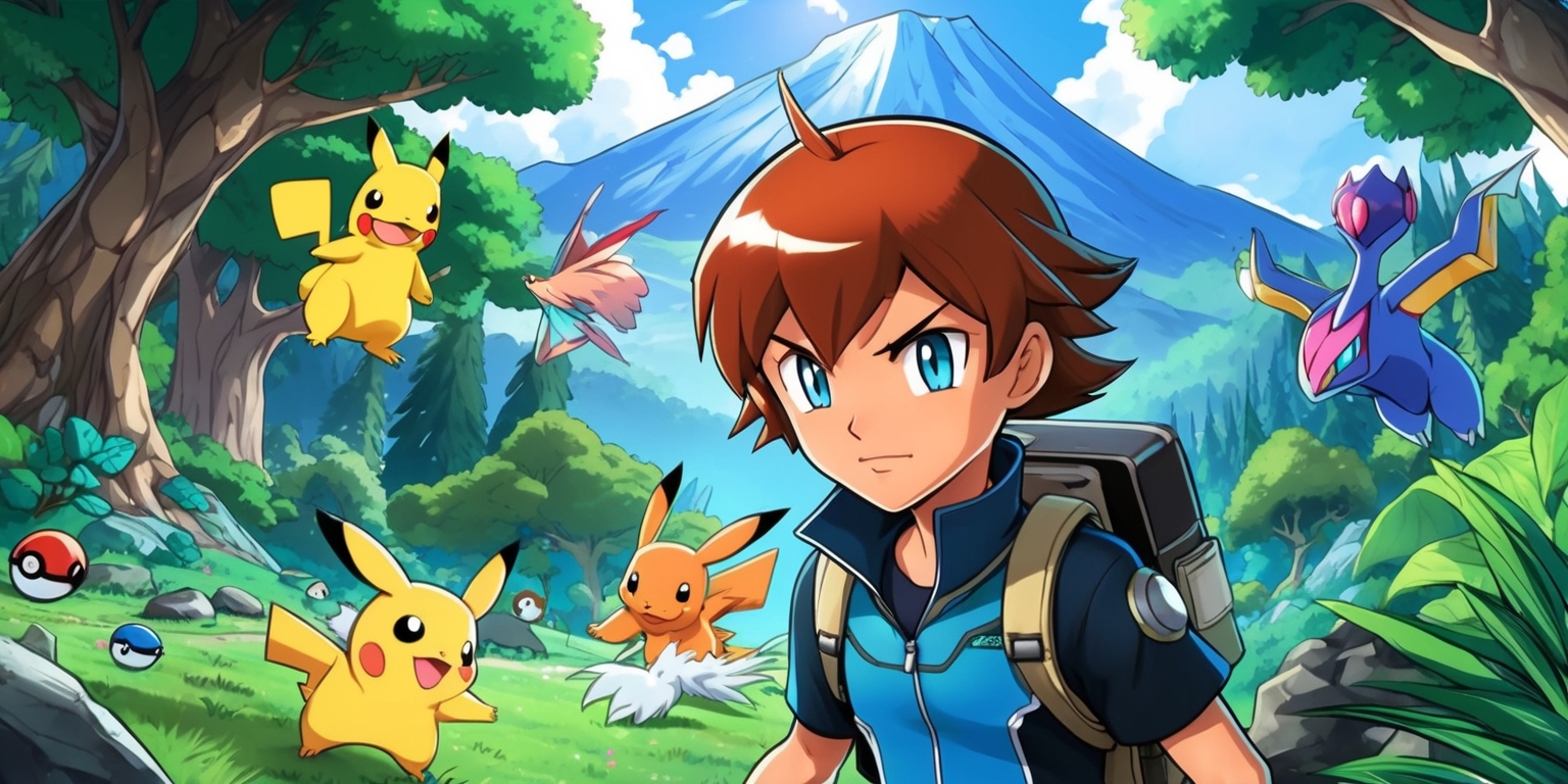 A vibrant video game-inspired illustration of Pokémon Legends: Z-A, featuring a dynamic scene with a mix of lush green forests, towering trees, and a majestic mountain range in the background, with a few Pokémon roaming freely, including the legendary Zacian and Zamazenta, in the forefront, a young trainer with short brown hair, bright blue eyes, and a determined expression, wearing a sleek outfit with a utility belt and a backpack, holding a high-tech Pokédex, with a few Poké Balls scattered around, the atmosphere is filled with a sense of adventure and excitement, the color palette is rich and diverse, with shades of green, blue, and earthy tones, the style is reminiscent of anime and manga, with bold lines, intricate details, and a sense of movement and energy.