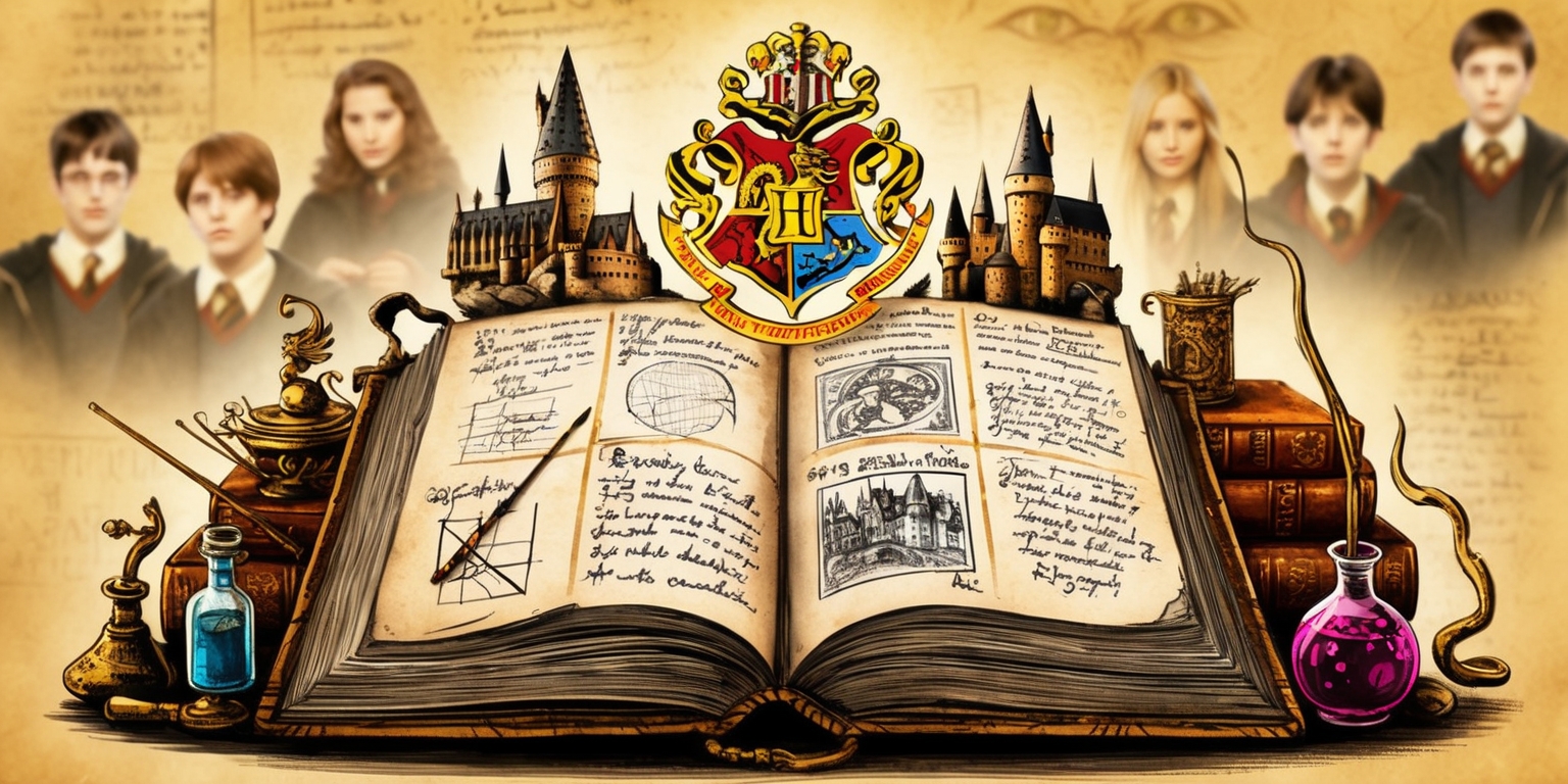 A sprawling, ornate illustration depicting the wizarding world of Harry Potter, set against a warm, golden background that evokes a sense of nostalgia and academia. At the center, a worn, leather-bound book lies open, its pages filled with handwritten notes, diagrams, and quotes from the series. Surrounding the book are objects that symbolize the magical realm, such as wands, potion bottles, and a miniature Hogwarts castle. A regal, crimson-colored Hogwarts crest sits atop the book, with golden accents and intricate details. In the background, blurred images of iconic characters from the series – Harry, Hermione, Ron, Dumbledore, and more – are scattered throughout, blending into the background to evoke a sense of depth and layered analysis. The illustration style is reminiscent of vintage, hand-drawn etchings, with bold lines, ornate details, and a mix of earthy and jewel-toned colors.