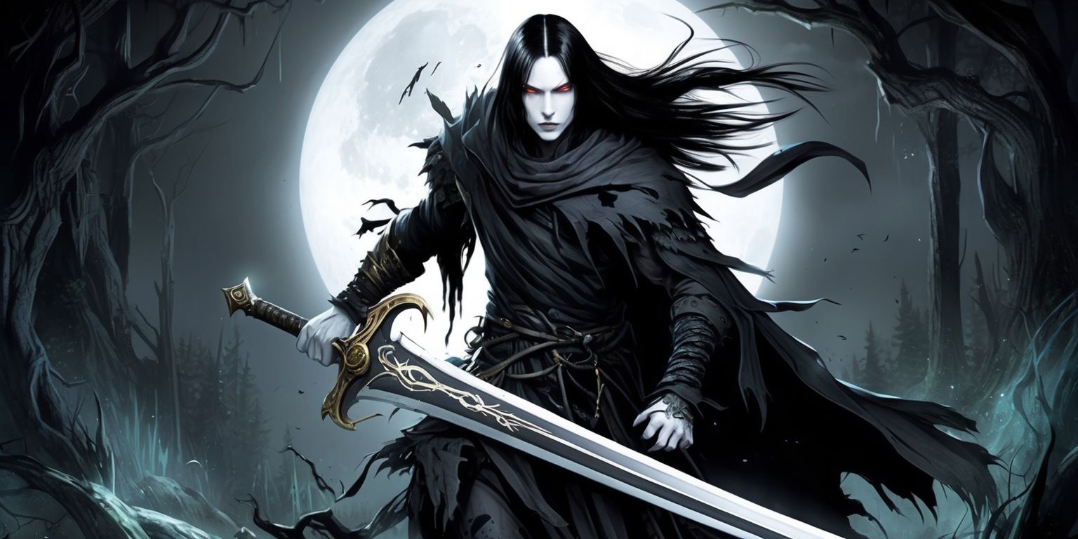 A dark fantasy illustration of a Nightreign character from the Elden Ring game, set against a ominous moonlit backdrop with subtle hints of a mystical forest, featuring a prominent figure with pale skin and jet black hair, adorned in tattered dark attire, wielding a sword with an intricate hilt, surrounded by an aura of mysterious energy, with the character's facial features emphasizing a mix of determination and mystique, and the overall atmosphere exuding a sense of foreboding and ancient magic, rendered in a highly detailed style with bold lines and muted colors, with the focus on the character and their powerful presence.
