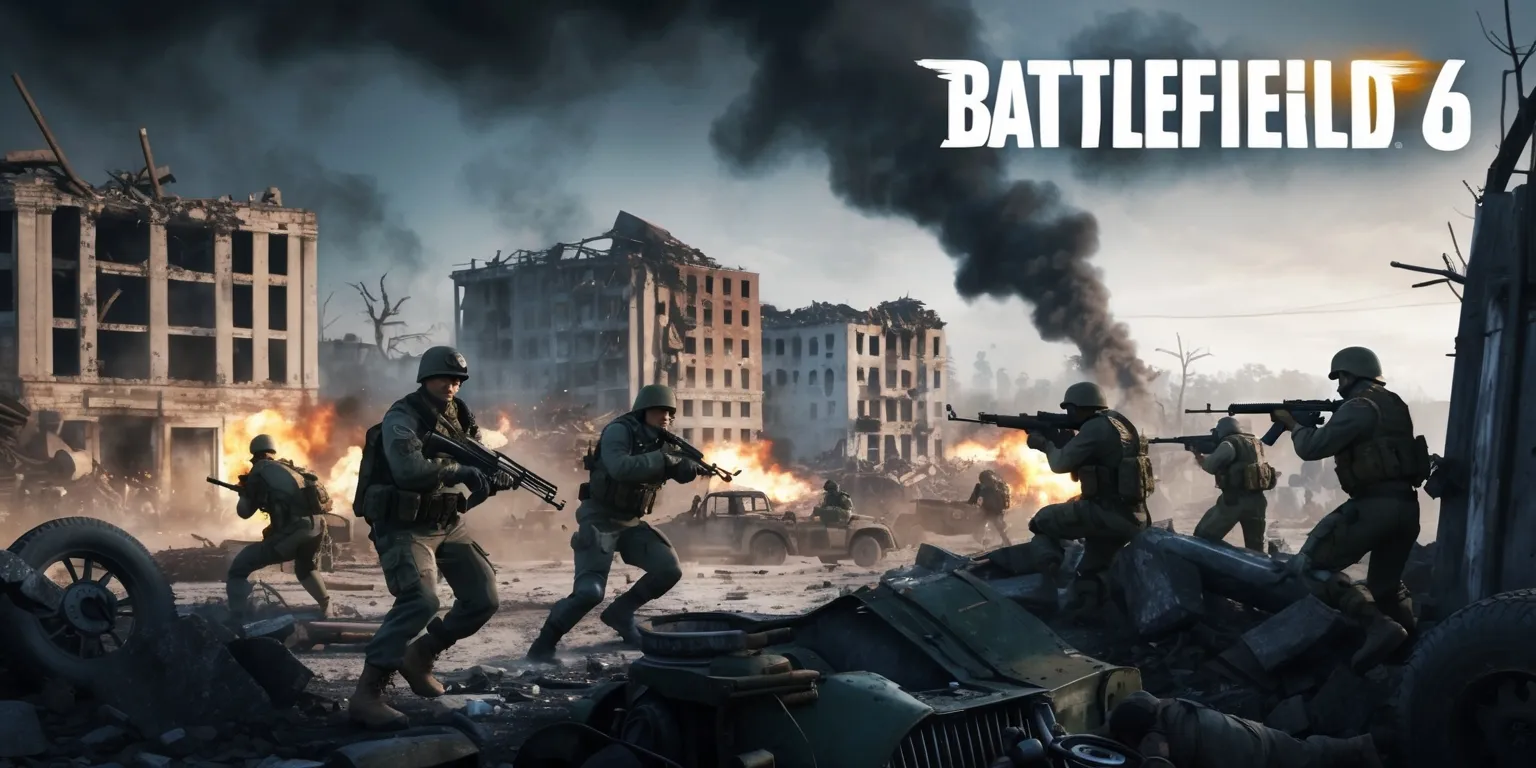 A dramatic and intense scene from the Battlefield 6 game, depicting a chaotic war zone with ruined buildings, destroyed vehicles, and smoke-filled skies, set against a backdrop of a desolate, war-torn landscape with a muted color palette, featuring soldiers in military attire, with varied facial features, skin tones, and unique attributes, engaged in fierce combat, with a focus on the action-packed gameplay and realistic graphics, showcasing the game's attention to detail, with subtle lighting effects, and a mix of explosions, fire, and smoke, filling the frame, and in the distance, a subtle hint of a cityscape or a military base, with no dominant text or logos, allowing the game's visuals to take center stage.