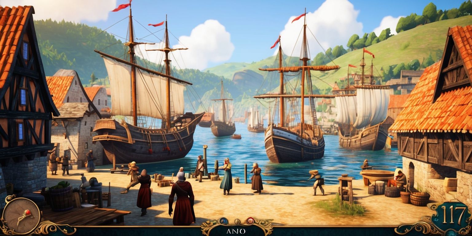 A medieval-themed scene from the video game Anno 117, set in a bustling harbor with old sailing ships and wooden cranes, featuring a mix of stone and wooden buildings with terracotta rooftops, surrounded by rolling hills and verdant forests, with people of various skin colors and facial features, including some with beards and others with headscarves, all engaged in activities like trading, crafting, or sailing, under a warm and sunny sky with a few white clouds, with a sense of realism and attention to historical detail, incorporating earthy tones and muted colors, with a hint of golden light reflecting off the water and buildings.