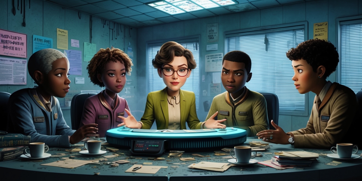 <updated_prompt>
A dimly lit, retro-futuristic office space serves as the backdrop for a team of four underestimated operatives, each with unique facial features and skin tones, gathered around a cluttered, futuristic console, surrounded by flickering computer screens, scattered files, and steaming cups of coffee. The walls are adorned with faded motivational posters, water-stained ceiling tiles, and malfunctioning neon signs. The team leader, a bespectacled woman with short, curly brown hair and a hint of a smirk, gestures emphatically as she outlines their routine yet challenging mission, while her teammates, each with their own quirky hairstyles and attire, listen intently, their faces illuminated only by the soft, pastel hues of the office's fluorescent lights. The overall atmosphere is one of unconventional, offbeat humor, strategic teamwork, and surreal, environmental hazards.