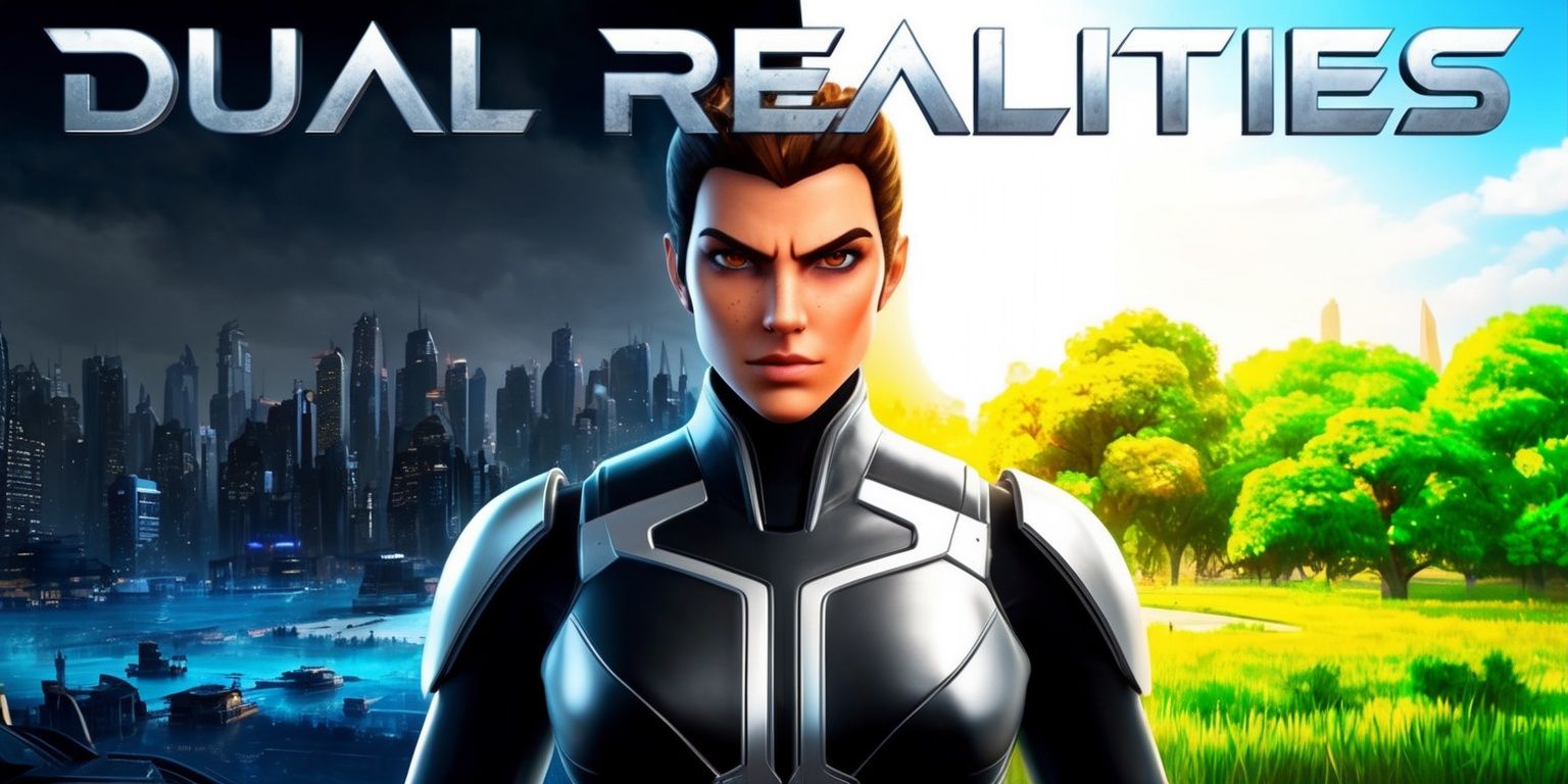 A futuristic video game titled Dual Realities with a protagonist standing in the middle of a split-screen landscape, where one side is a dystopian cityscape with dark greys and blues, and the other side is a vibrant utopian world with lush greens and bright sunlight, the protagonist has determined facial features with a strong jawline and piercing brown eyes, wearing a sleek black and silver exosuit with a bold font logo on the chest, the game's title Dual Realities is emblazoned across the top of the screen in a metallic silver font with a subtle gradient effect, the overall aesthetic is a blend of sci-fi and fantasy elements with a focus on contrasting colors and sleek lines.