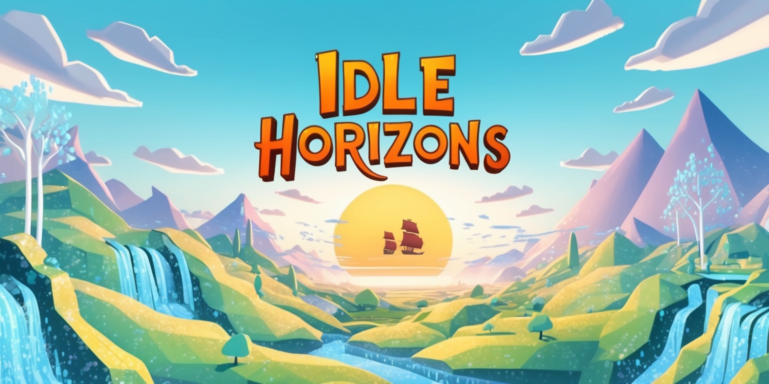 A fantastical, dreamy illustration of the Idle Horizons game, set against a soft, gradient blue sky with puffy white clouds, evoking a sense of limitless possibility and adventure. In the foreground, a stylized, low-poly landscape unfolds, with rolling hills, sparkling waterfalls, and towering mountains, all rendered in a vibrant, pastel color palette. A few wispy trees dot the landscape, their leaves shimmering with an ethereal glow. The overall style is reminiscent of a whimsical, hand-drawn comic book, with bold lines, gentle textures, and intricate details. In the distance, a few ships sail across the horizon, their sails billowing in the wind, as the sun dips below the horizon, casting a warm, golden light across the scene.