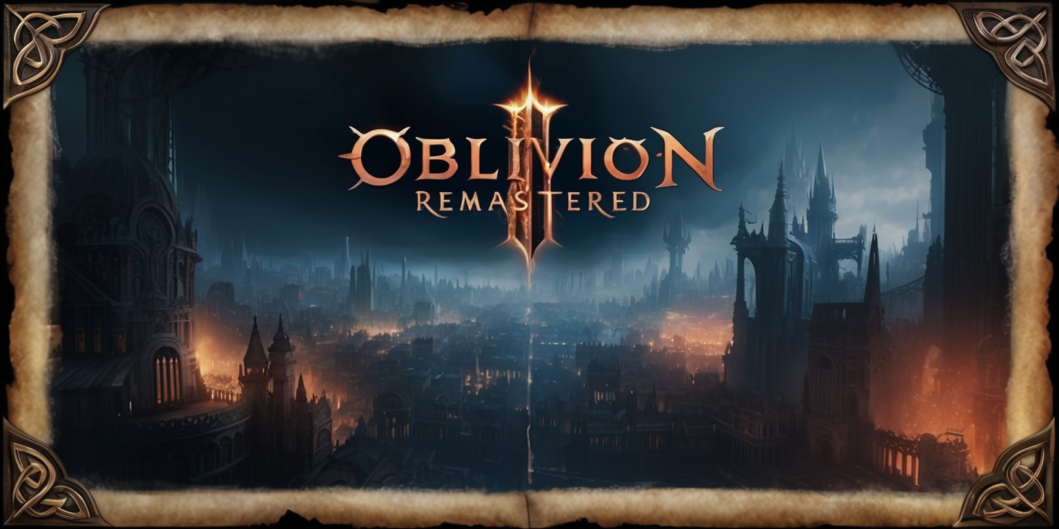 A futuristic, dystopian cityscape set in the Fantasy universe of Oblivion Remastered, with a sprawling metropolis in the background, showcasing a blend of medieval and steampunk architectural styles, with intricate details and ornate structures, amidst a dark, ominous atmosphere, illuminated by faint, flickering torches and glowing, ethereal magical energies, with a subtle, gradient-like transition from deep blues to fiery oranges, capturing the essence of a forgotten, post-apocalyptic world, with a subtle sense of depth and dimensionality, as if the viewer is gazing upon a ancient, worn-out parchment, with the Oblivion Remastered logo, in a bold, fantasy-inspired font, embossed in gold, with subtle, Celtic knotwork patterns, at the top center of the image, surrounded by a thin, ornate border, with a subtle, weathered texture, evoking a sense of age and nostalgia.
