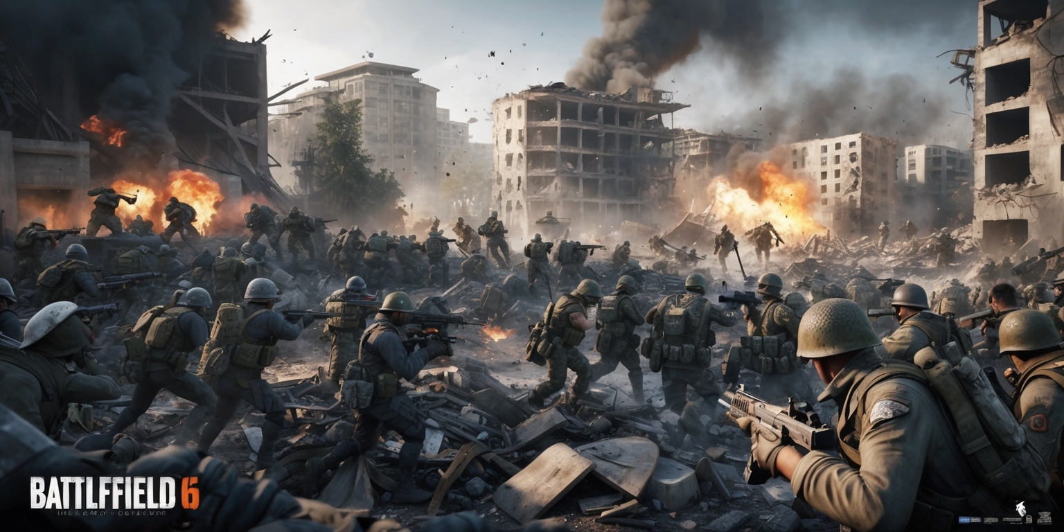 A dramatic and action-packed scene from the Battlefield 6 game, featuring a crowded and chaotic war-torn landscape with destroyed buildings and debris scattered everywhere, a mix of soldiers from different factions clashing in intense combat, with a focus on realistic graphics and detailed character designs, set against a backdrop of explosions, smoke, and fire, with a muted color palette and a sense of grit and realism, the scene is framed in a cinematic style with a shallow depth of field, capturing the intensity and chaos of war, with soldiers wearing realistic uniforms and gear, and a sense of movement and energy throughout the scene.